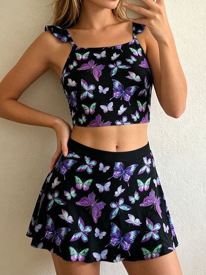 Ruffle Strap Square Neck Skirted Tankini Set