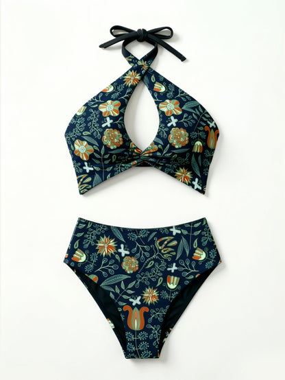 Cross Halter Keyhole Printed Bikini Set