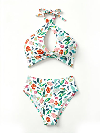 Cross Halter Keyhole Printed Bikini Set